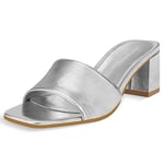 PIZZ ANNU Mules Sandals for Women Block Chunky Heel Slides Ladies Slip-on Square Toe Heeled Shoes Size 7 Silver