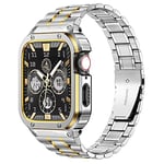 MioHHR Stainless Steel Watch Band with Case Compatible for Apple Watch Bands 42/44 mm,Rugged Strap with Metal Protective Bumper Cover for iWatch Series 6/5/4/SE/3/2/1 for Men(Silver/Gold)