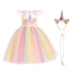 URAQT Robe Licorne Enfant de Princesse, Robe Licorne Fille, Robes Fille, Costume Princesse Fille, Robe Licorne, Robe de Princesse avec Licorne, Multicolore(Jaune) 140 pour 6-7 Ans