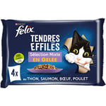 FELIX Tendres Effilés en Gelée | Chat Adulte | Sélection de Poulet, Bœuf, Thon, Saumon | Lot de 4 x 85 g | Sachet fraicheur