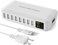 Chargeur Usb Multiple, 8-Ports Chargeur Usb Rapide, Prise Usb Secteur, Station De Charge Usb Avec Écran Led, Usb Charger Pour Iphone 15/14/13/Pro/Max, Ipad, Samsung Galaxy S23, Tablet-Blanc