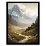 The Alps Path Switzerland Mountains A Panoramic Landscape Painting Artwork Framed Wall Art Print A4