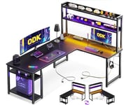 ODK Bureau Gaming avec LED, Bureau avec Étagère Réversible, Bureau en L avec Prises et Ports USB, Bureau Gaming Noir avec Compartiments et Rangement, 150×120 cm