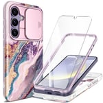 GVIEWIN Compatible with Samsung Galaxy S24 Case with Slide Camera Cover+Screen Protector, 360° Armor Shockproof Marble Fullbody Bumper Protective Anti-Scratch Case 6.2" 2024,Dreamland River/Purple