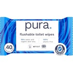 Pura Flushable Moist Toilet Tissue Wipes, 1 Pack of 40 Wet Wipes, 100% Plastic Free, 99% Water Clean Washlets, Certified ‘Fine to Flush’ Biodegradable, Compostable, Vegan, Gentle Clean