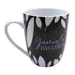 Dekohelden24 Tasse à café en Porcelaine Noir/Blanc Motif : Profitez de la Vie 10 x 8 cm Capacité 250 ML Passe au Lave-Vaisselle Feuilles 10 cm