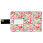 64G USB Flash Drives Credit Card Shape Watercolor Flower Memory Stick Bank Card Style Painting of Rose Flower Composition with Leaves in Soft Colors Blooming Plant,Pink Green Waterproof Pen Thumb Love