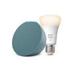 Echo Pop | Vert canard + Philips Hue White ampoule connectée (E27), Fonctionne avec Alexa - Kit de démarrage Maison connectée