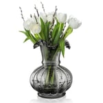 Joeyan Hand-Made Blown Grey Coloured Glass Flower Vase with Wide Waved Mouth Ribbed Body Design for Home Decor Wedding Table Centerpieces, 20cm Thick Heavy Vintage Bud Vase for Living Room Decoration