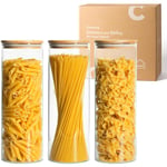 Saf Glass Spaghetti Pasta Förvaringsbehållare med lock 2200ml Set om 3, Hög Klar Lufttät Matförvaringsburk med Bambulock Köksförråd Förvaringsbehållare C