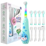 seago recharge brosse a dent enfant, brosse a dent electrique enfant de 2 ans à 6 ans, brosse a dent bebe avec lumière LED 8 têtes, minuteur et vibrations (Bleu)