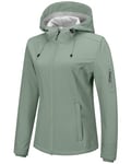 Outdoor Ventures Veste softshell imperméable et respirante pour femme - Veste demi-saison coupe-vent - Veste fonctionnelle avec capuche, Vert givré, XXL