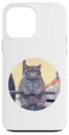 iPhone 13 Pro Max Cute Grey Fit Muscle Cat Sitting on Gym Lifting Bench Case