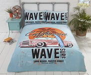 Rapport Duvet Cover Bedding Set-Retro California Surf Board on a Beach with Palm Tree & Vintage Car, Blue, Duck Egg, Single