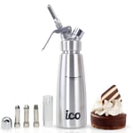 ICO Siphon Chantilly Professionnel en Acier Inoxydable pour la Crème à Fouetter Maison, Siphon Chantilly INOX pour Les Desserts, Les Trempettes, Les Sauces et Les Liqueurs Infusées (500mL),Argenté