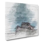 Stranded Boat Upon the Beach in Abstract Modern Canvas Wall Art Print Ready to Hang, Framed Picture for Living Room Bedroom Home Office Décor, 14x14 Inch (35x35 cm)