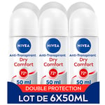 NIVEA Déodorant anti-transpirant Dry Comfort (lot de 6 x 50 ml), Déo bille pour femme protection 72H, Déo femme à la formule sans alcool pour tous types de peaux