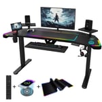 Devoko Bureau Gaming LED 162cm, Bureau Assis Debout Électrique, Bureau Gamer avec Chargeur sans Fil, Prise, Tapis de Souris RGB et Plateau pour Clavier, Bureau Réglable en Hauteur（162cm,Noir）