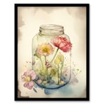 Wildflowers In Glass Jar Soft Watercolour Painting Pink Spring Flowers Blooms Nature Colourful Bright Floral Modern Artwork Art Print Framed Poster Wa