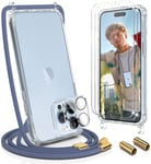 Coque Avec Cordon Pour Iphone 14 Pro Max 6.7"", Avec Réglable Collier Téléphone Lanyard Case Housse-Tour De Cou Lanière En Corde-Avec 2 Film En Verre Trempé Et 1 Caméra Arrière Protecteur,Bleu