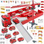 FORMIZON Camion de Pompiers Enfants, Camion Transporteur Voiture, Véhicules de Chantier Enfants avec Musique & Lampe, 6 Mini Camion de Pompiers, Jouets Grue sont Cadeau Parfait pour Enfants (Rouge)