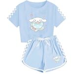 5-14 år flickor Cinnamoroll träningsset söt tecknad anime kortärmad t-shirt + shorts set casual sportkläder kläder[HK] Light Blue 13-14 Years