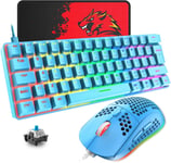 T60 ENSEMBLE CLAVIER ET SOURIS DE JEU FILAIRE, CLAVIER MÉCANIQUE 60% MINI 62 TOUCHES, 19 LUMIÈRES ARC-EN-CIEL, UK LAYOUT + SOURIS DE JEU PS4 6400 DPI + TAPIS DE SOURIS POUR PC,MAC [CLA171136]