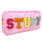 Fablinks Pink Nylon Cosmetic Bag with Chenille Letter Patches, Pink, 9", Stuff-Pink