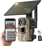 Camera de Chasse 4G avec SIM et 32GB Carte Mémoire, Solar Caméra de Chasse Nocturne pour la Surveillance de la Faune, Vidéo en Direct 2K, 0,2s Temps d'activation, IP66 étanche