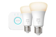 Philips Hue White Starter Kit - trådlös belysningsuppsättning - LED-glödlampa x 2 - form: A60 - E27 - 9.5 W - mjukt vitt ljus - 2700 K - vit