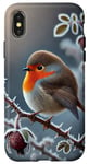 Coque pour iPhone X/XS Rouge-gorge d'hiver perché sur une branche givrée de rosier