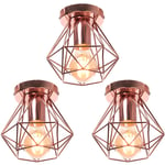 Axhup - 3 Pack Plafonnier Industriel Cage Métal Forme Diamant Lustre Suspension Luminaire Salon Couloir Doré Rose