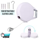 15M Wall Mounted Laundry Washing Line Retractable Clothes Reel Outdoor White