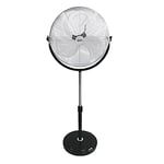 Zarivy Ventilateur industriel sur pied avec base circulaire en élégant chromé/noir. Puissant moteur de 120 W et pales de 50 cm. Hauteur réglable de 118 à 148 cm, idéal pour les grands espaces.