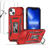 Antichoc Coque Para Iphone 13 6.1',Tpu+Pc Housse Protection De Qualité Militaire Avec Lentille Coulissante Couverture/2* Verre Trempé,Compatible Support De Voiture Magnétique-Rouge