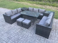 Outdoor PE Wicker Garden Furniture Rattan Lounge Sofa Set Patio Rectangular Table 2 Stool 2 Side Table 11 Seater