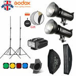 UK 2*Godox SK400II 400W 2.4G Flash+softbox Stand+Barn door+X1Trigger for Wedding