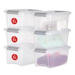 Iris Ohyama, Petite Boite Rangement Plastique avec Couvercle, 5L, Lot de 6, Argent, Clips de Fermeture, Poignée, Empilable, Organisation Solide & Durable, pour Chambre, Dressing, Bureau, NTB-5