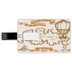 32G USB Flash Drives Credit Card Shape Wanderlust Decor Memory Stick Bank Card Style Vintage Travel Map with Sailing Boat and Hot Air Baloon Nostalgic Print Boho Deco,Cream Mustard Waterproof Pen Thum