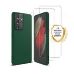 Coque Samsung Galaxy S21 Ultra 5g Silicone Liquide Vert Foret + 2 Vitres En Verre Trempé Protection Écran Antichocs Evetane