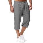 Sprifloral Mens Linen Shorts 3/4 Length Pants Summer Trousers Beach Yoga Joggers Casual Sweatpants Grey M