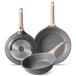 ZUOFENG Non Stick Frying Pan 3 Sets, Stone Pans Cookware Granite Coating, Induction Pans Saucepans Omelette Skillet, 20cm + 24cm + 28cm