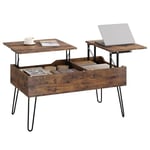 WOLTU Table Basse Relevable, Table de Salon, Table Basse Industrielle avec 2 Compartiments Cachés, Table de Salle à Manger, Pieds en Métal, Marron Rustique,BTS14shm