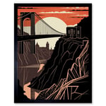 Clifton Suspension Bridge Sunset Contrast Linocut Art Print Framed Poster Wall Decor 12x16 inch