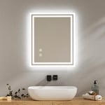 EMKE Miroir de Salle de Bain avec lumière LED, 60 x 50 cm, Anti-buée, Interrupteur Tactile, Miroir de Salle de Bain Blanc Froid réglable, Fonction mémoire, arrêt Automatique après 3 Heures, Miroir de