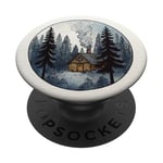 Cabane en bois confortable dans les bois fumé avec pins et forêts PopSockets PopGrip Adhésif