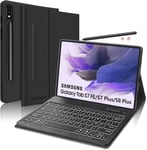 Étui Avec Clavier Pour Galaxy Tab S7 Fe/S7+ Plus/S8 Plus 12.4"",7 Couleurs Led Rétroéclairé Détachable Clavier Bluetooth Sans Fil,Azerty Français,Noir(Q986)