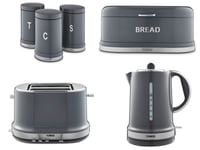 Tower Belle Kettle Toaster Bread Bin & Canisters Graphite Grey Kitchen Set of 6