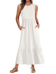 AUSELILY Robe Longue Femme Ete Robe sans Manches Robe de Plage Longue Legere Fluide Maxi Robe Taille Empire avec Poches Blanc S