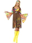 Smiffys 60s Groovy Lady, Brown with Dress, Printed Waistcoat and Headband, 1960's Groovy Fancy Dress, Adult Dress Up Costumes